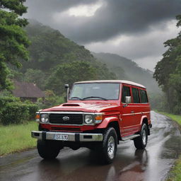 A luxurious, red V8 Land Cruiser on a single, quaint village road surrounded by lush greenery. It's depicted in a cartoon or clipart style with the front side of the vehicle in view. Above, moody, rain-filled clouds loom.