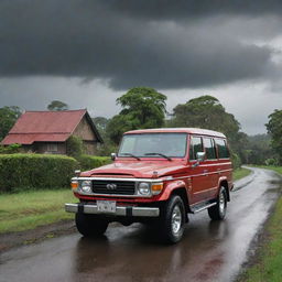 A luxurious, red V8 Land Cruiser on a single, quaint village road surrounded by lush greenery. It's depicted in a cartoon or clipart style with the front side of the vehicle in view. Above, moody, rain-filled clouds loom.