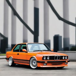 Generate an image of a violet BMW E30 325i with orange BBS dish rims