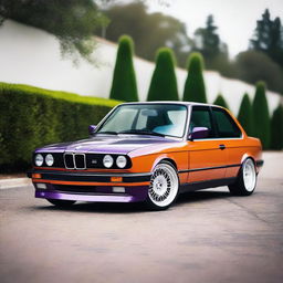 Generate an image of a violet BMW E30 325i with orange BBS dish rims