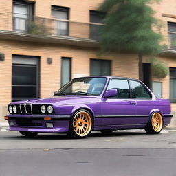 Generate an image of a violet BMW E30 325i with orange BBS dish rims