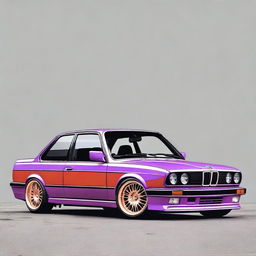 Generate an image of a violet BMW E30 325i with orange BBS dish rims