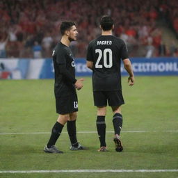 A substitution sign during a soccer match showing player number 19 out and player number 20 in