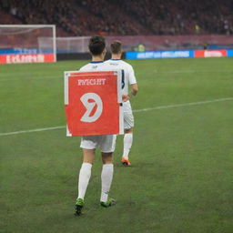 A substitution sign during a soccer match showing player number 19 out and player number 20 in