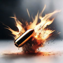 Generate an image of a bullet being fired, surrounded by flames and ashes