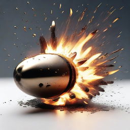 Generate an image of a bullet being fired, surrounded by flames and ashes