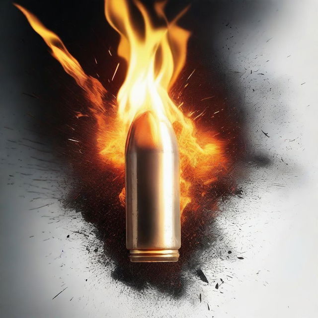 Generate an image of a bullet being fired, surrounded by flames and ashes