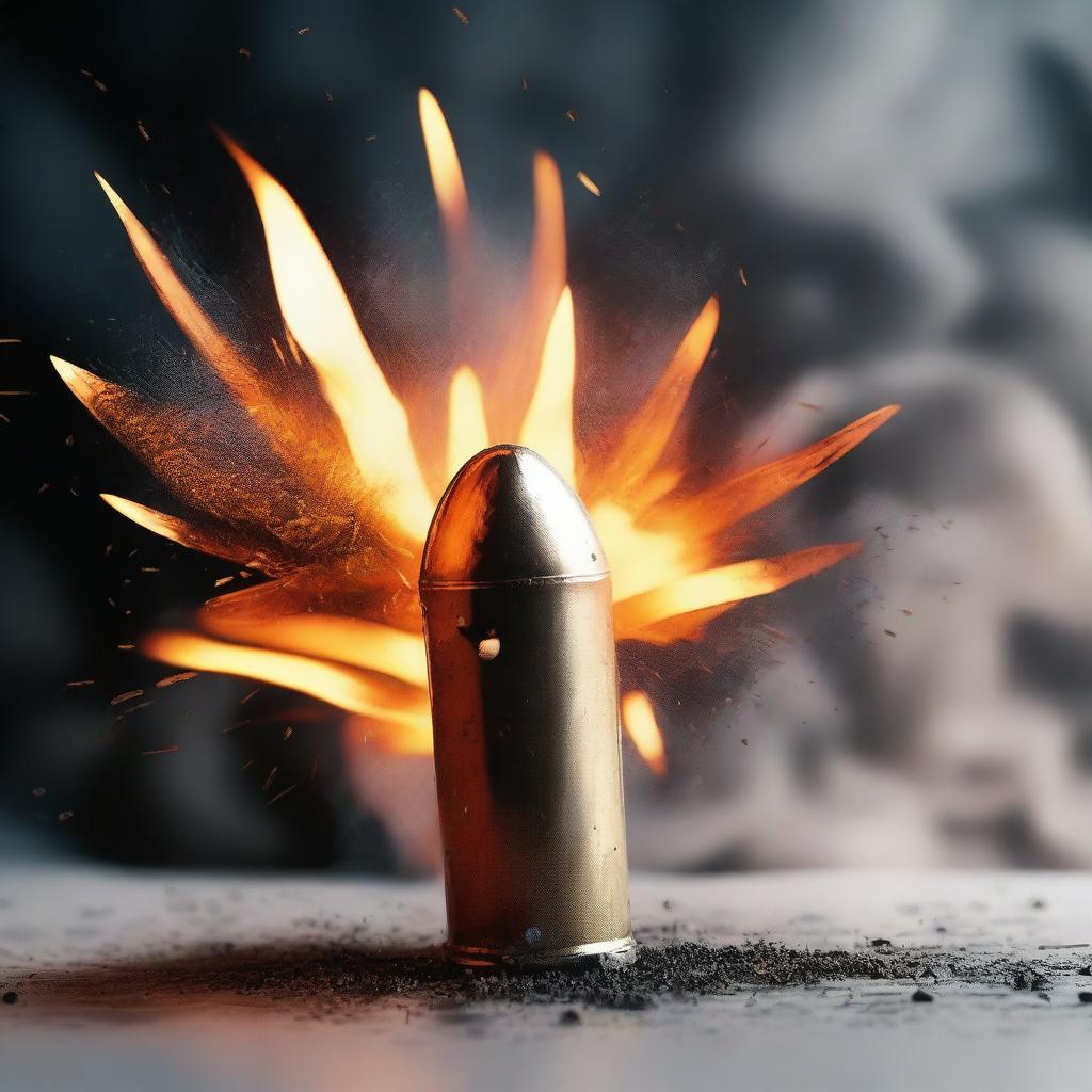 Generate an image of a bullet being fired, surrounded by flames and ashes