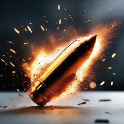 Generate an image of a bullet being fired, surrounded by flames and ashes