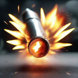 Generate an image of a bullet being fired, surrounded by flames and ashes