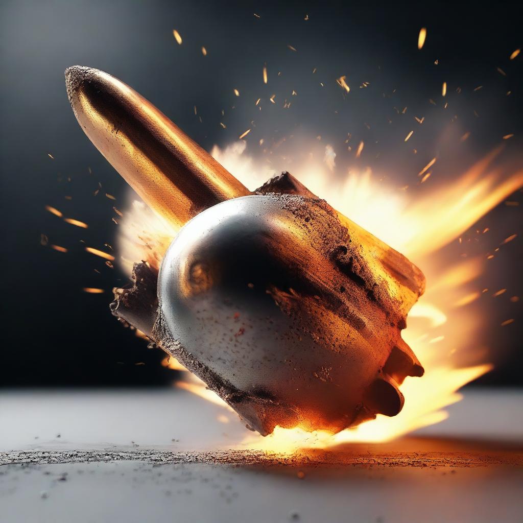 Generate an image of a bullet being fired, surrounded by flames and ashes