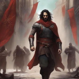 A depiction of Alessio, the fallen king, navigating through the war-torn streets of his homeland