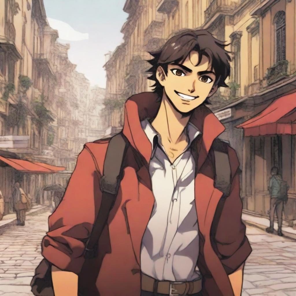 A depiction of a young, manga-style Alessio, heir to a once-proud Italian dynasty, smiling as he navigates the war-torn streets of his homeland