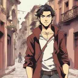 A depiction of a young, manga-style Alessio, heir to a once-proud Italian dynasty, smiling as he navigates the war-torn streets of his homeland