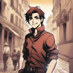 A depiction of a young, manga-style Alessio, heir to a once-proud Italian dynasty, smiling as he navigates the war-torn streets of his homeland