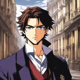 A manga-style portrayal of a young, smiling Alessio, heir to an Italian dynasty, dressed in aristocratic attire against a turbulent backdrop