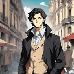 A manga-style portrayal of a young, smiling Alessio, heir to an Italian dynasty, dressed in aristocratic attire against a turbulent backdrop