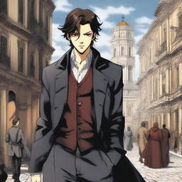 A manga-style portrayal of a young, smiling Alessio, heir to an Italian dynasty, dressed in aristocratic attire against a turbulent backdrop