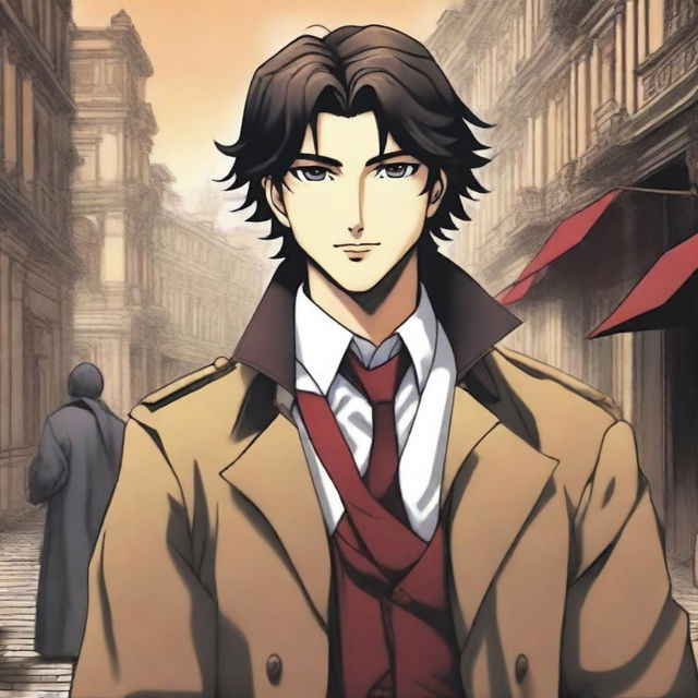 A manga-style portrayal of a young, smiling Alessio, heir to an Italian dynasty, dressed in aristocratic attire against a turbulent backdrop