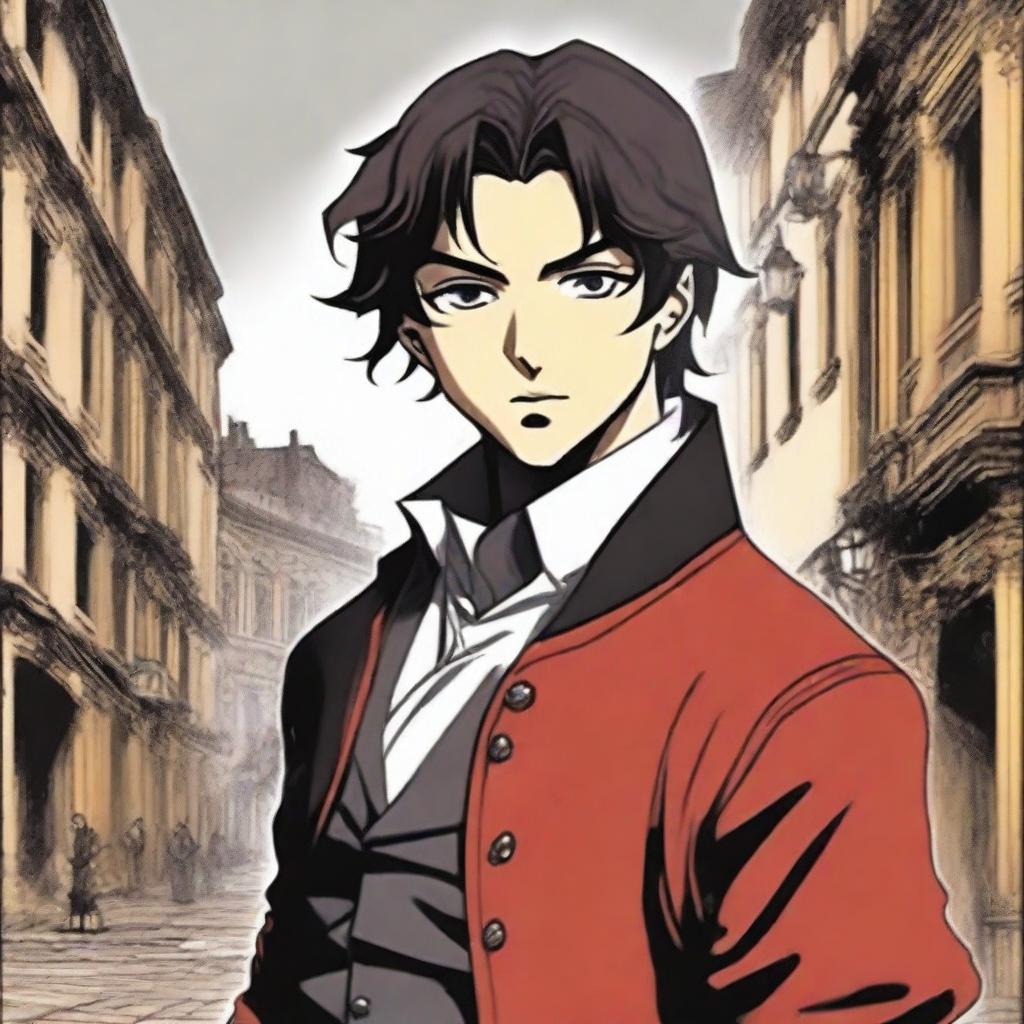 A manga-style portrayal of a young, smiling Alessio, heir to an Italian dynasty, dressed in an aristocratic peasant outfit against a turbulent backdrop