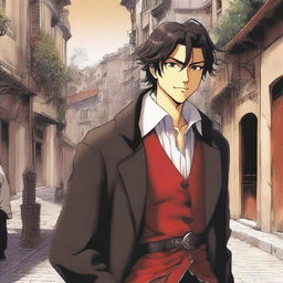 A manga-style portrayal of a young, smiling Alessio, heir to an Italian dynasty, dressed in an aristocratic peasant outfit against a turbulent backdrop