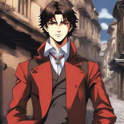 A manga-style portrayal of a young, smiling Alessio, heir to an Italian dynasty, dressed in an aristocratic peasant outfit against a turbulent backdrop