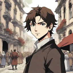 A manga-style portrayal of a young, smiling Alessio, heir to an Italian dynasty, dressed in an aristocratic peasant outfit against a turbulent backdrop