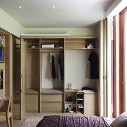 Spacious bedroom design with an attached bathroom, extensive storage space, a dressing table near the bed, a wardrobe with shoe organizer, window seating with shelves beneath, and a clever storage area for daily use items featuring a beneath extendable study table.