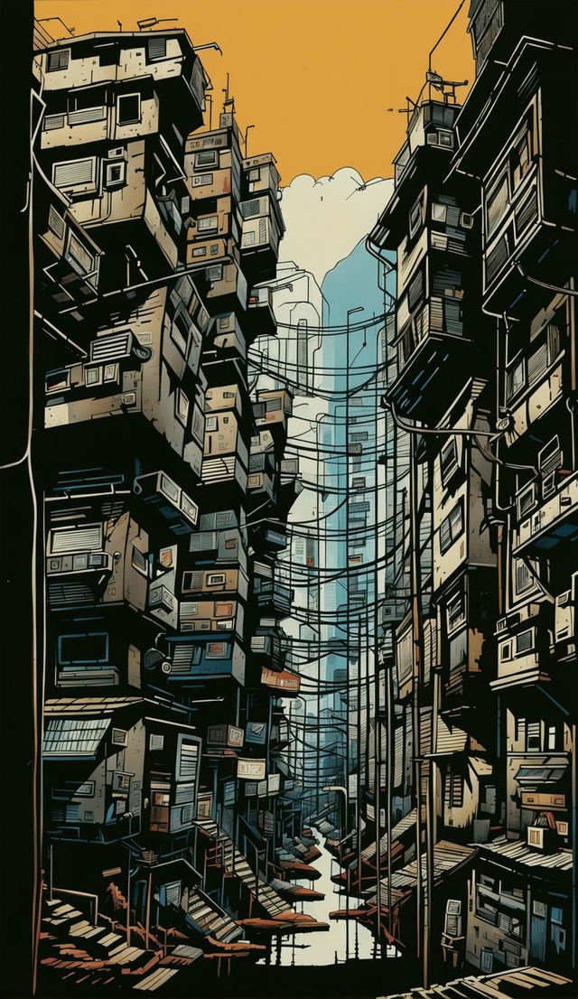 Futuristic slum city architectural sketch in line art, showcasing grim buildings made of makeshift materials and advanced technology, neon signs, holographic billboards, flying vehicles, and shadowy figures in narrow streets.