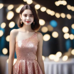 A cute girl in a party dress with a stylish asymmetrical design, where one shoulder is elegantly exposed