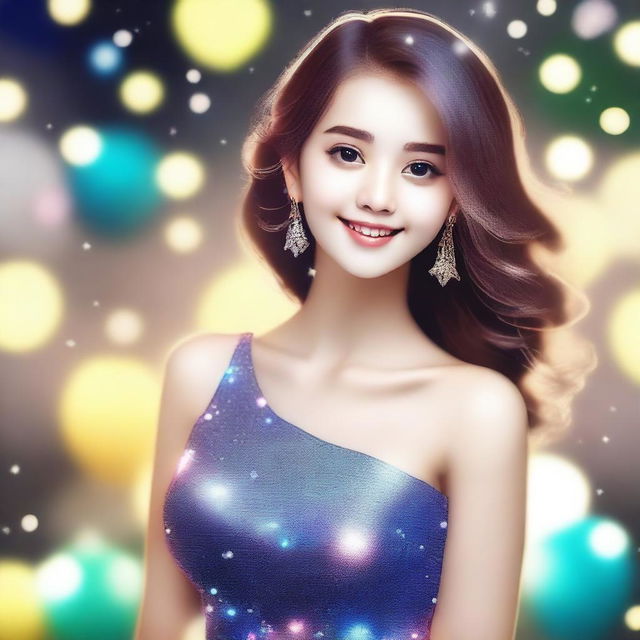 A cute girl in a party dress with a stylish asymmetrical design, where one shoulder is elegantly exposed