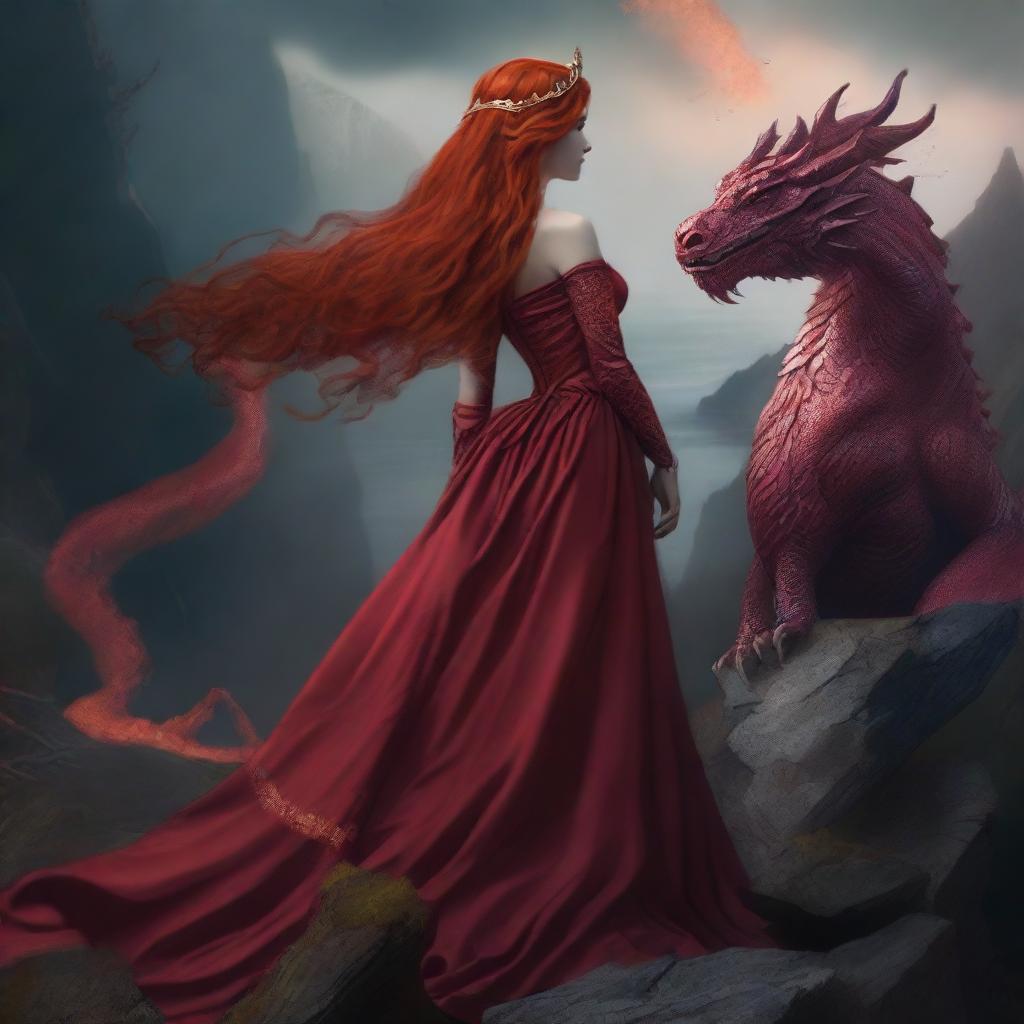 A woman with long, fiery red hair wearing a scarlet dress and a crown