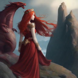 A woman with long, fiery red hair wearing a scarlet dress and a crown