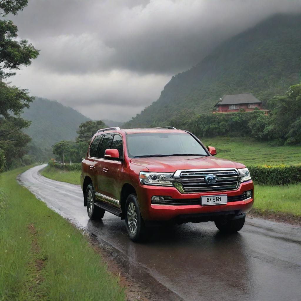 A cartoon-like, luxurious, red 2023 model V8 Land Cruiser on a single road amidst a lush, green village. Capture a frontal view of the vehicle, additionally featuring a scenic, rainy cloud environment.