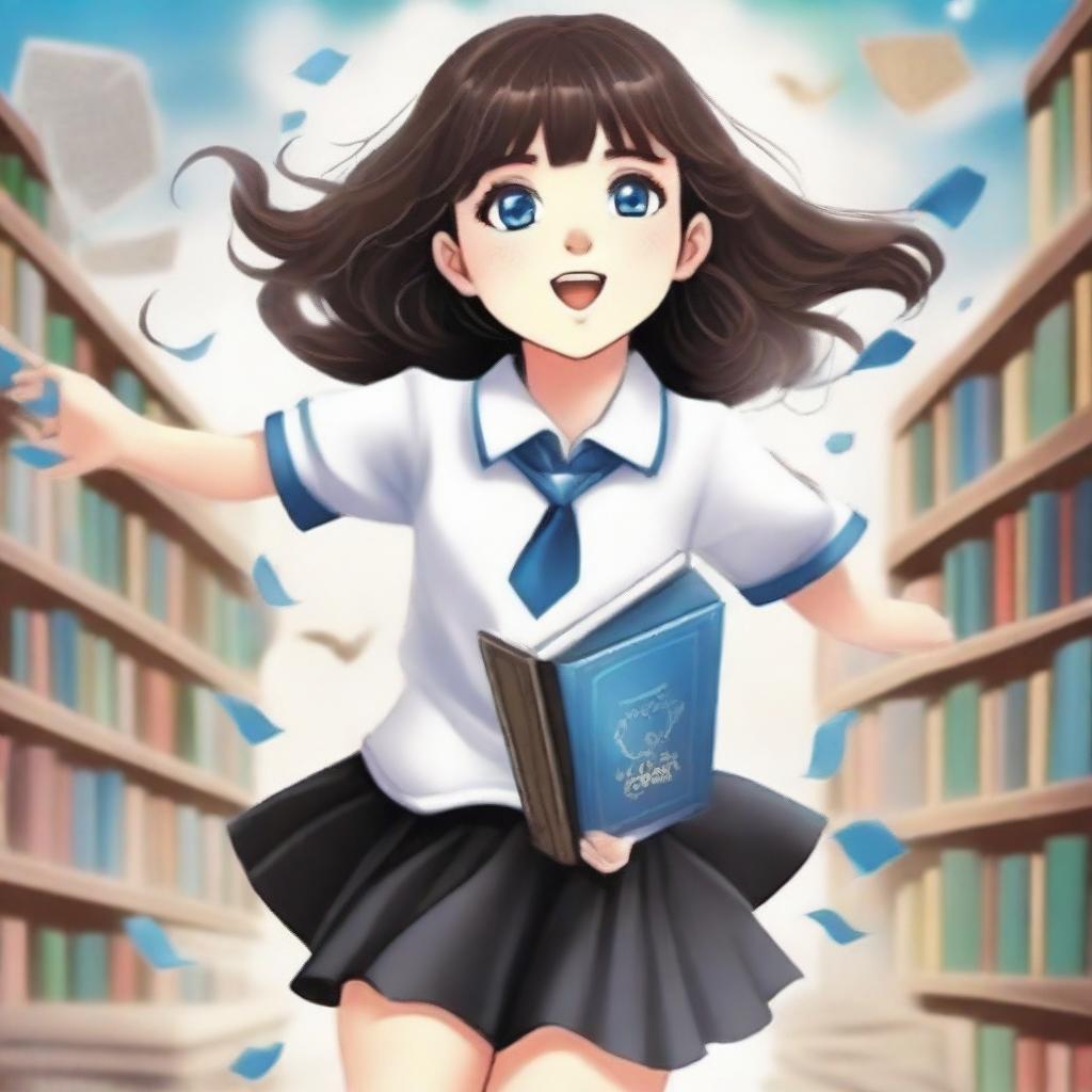 A book cover featuring a young girl with dark brown hair and clear blue eyes