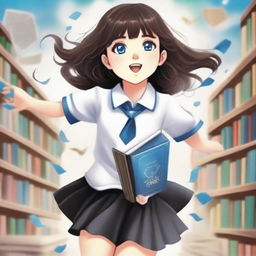 A book cover featuring a young girl with dark brown hair and clear blue eyes