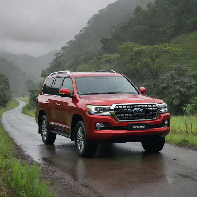 A cartoon-like, luxurious, red 2023 model V8 Land Cruiser on a single road amidst a lush, green village. Capture a frontal view of the vehicle, additionally featuring a scenic, rainy cloud environment.