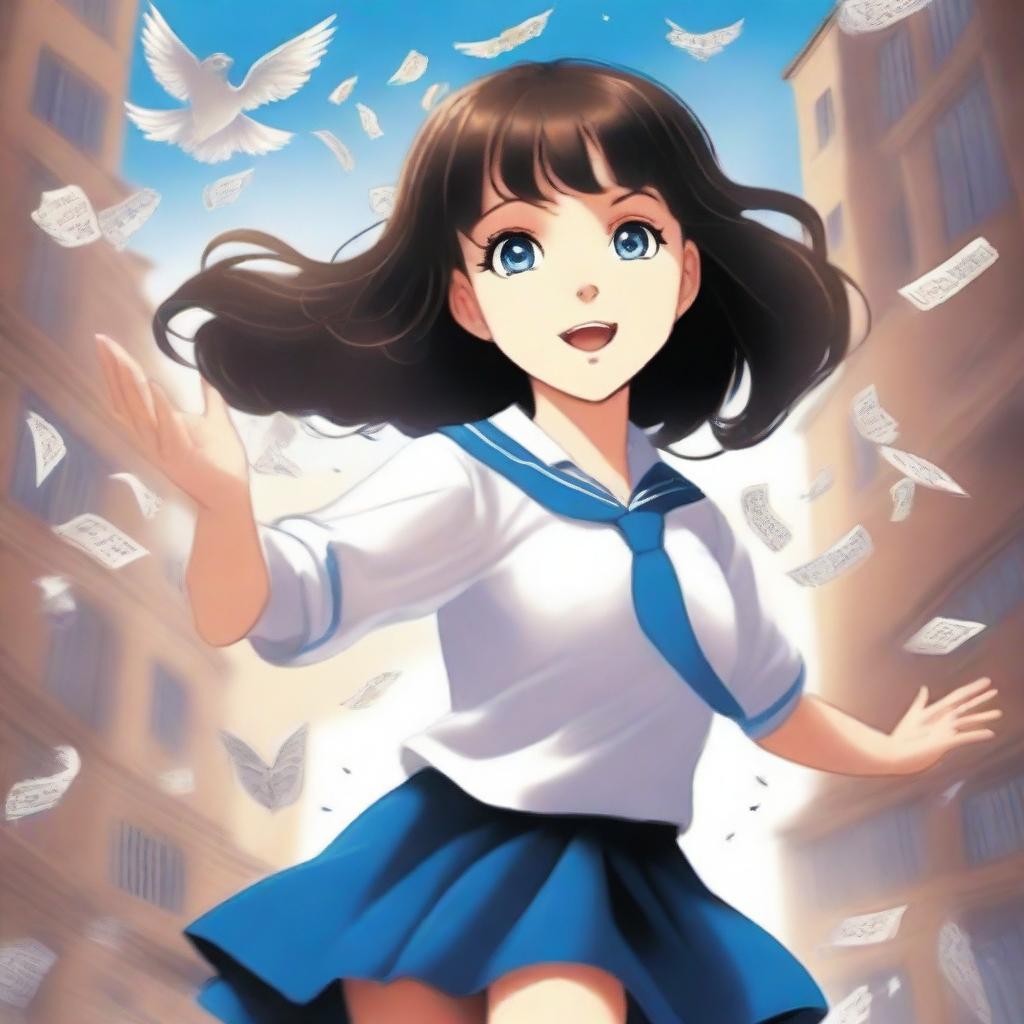 A book cover featuring a young girl with dark brown hair and clear blue eyes