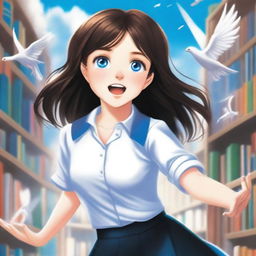 A book cover featuring a young girl with dark brown hair and clear blue eyes