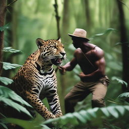 An image of a jaguar and a hunter in a tense standoff in the thick of the jungle