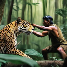 An image of a jaguar and a hunter in a tense standoff in the thick of the jungle