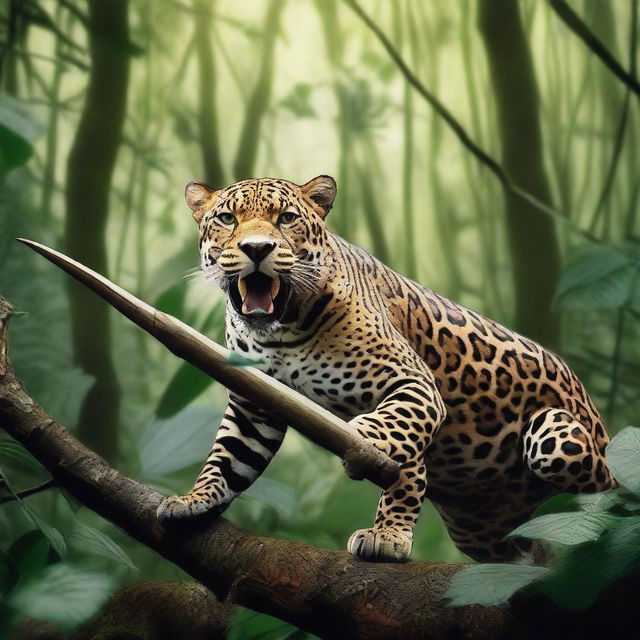 An image of a jaguar and a hunter in a tense standoff in the thick of the jungle