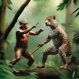 An image of a jaguar and a hunter in a tense standoff in the thick of the jungle