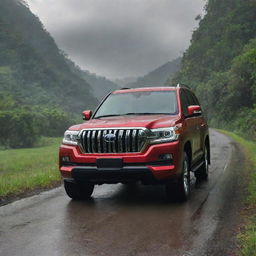 A cartoon-like, luxurious, red 2023 model V8 Land Cruiser on a single road amidst a lush, green village. Capture a frontal view of the vehicle, additionally featuring a scenic, rainy cloud environment.