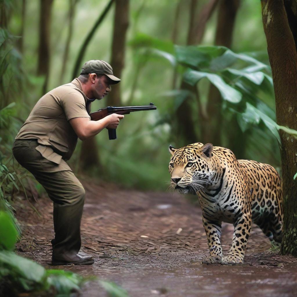 An intense scene in the jungle where a hunter, armed with a shotgun, is in a standoff with a powerful jaguar