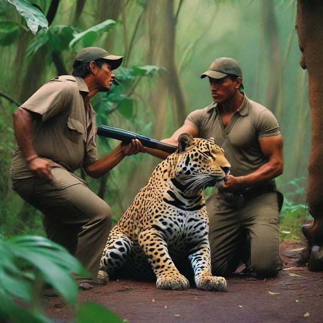 An intense scene in the jungle where a hunter, armed with a shotgun, is in a standoff with a powerful jaguar