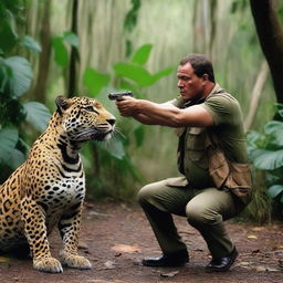 An intense scene in the jungle where a hunter, armed with a shotgun, is in a standoff with a powerful jaguar