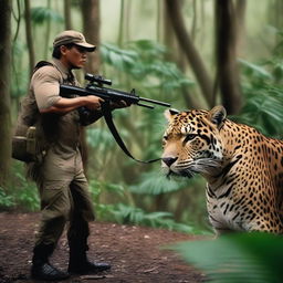 An intense scene in the jungle where a hunter, armed with a shotgun, is in a standoff with a powerful jaguar