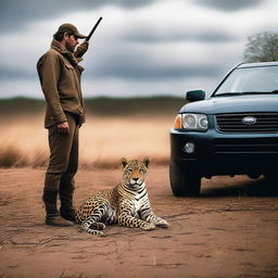 A dramatic image of a hunter with a shotgun in the aftermath of a hunt, standing over a jaguar