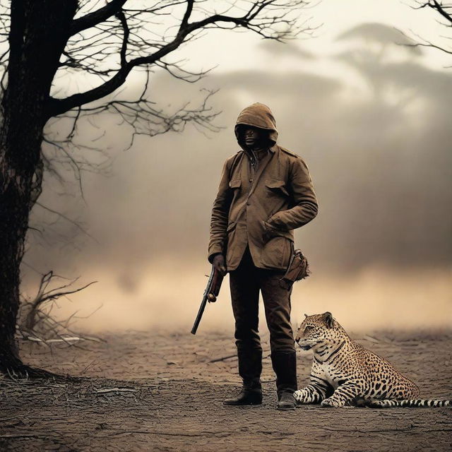 A dramatic image of a hunter with a shotgun in the aftermath of a hunt, standing over a jaguar